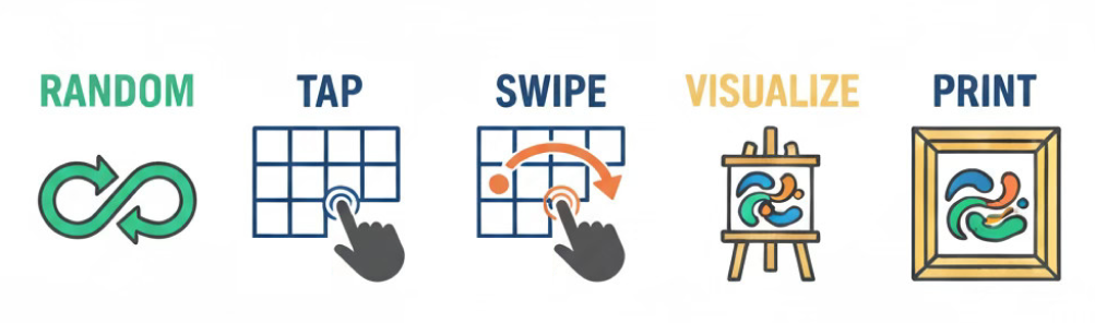 Infographic that describes how to get started: Random, Tap, Swipe, Visualize, Print
